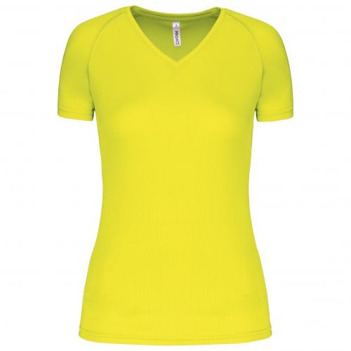 Dames sport-T-shirt V-hals fluorgeel,l